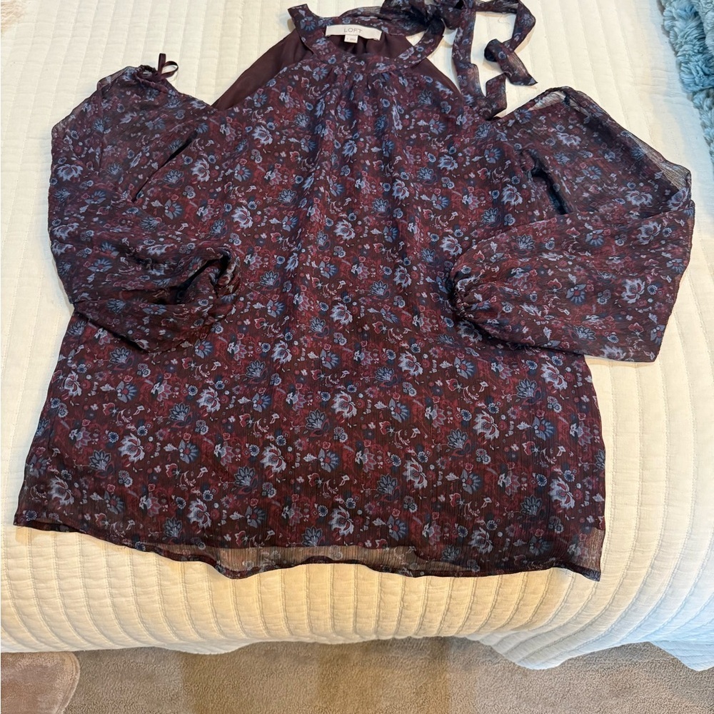 LOFT Burgundy Floral Cold Shoulder Blouse Size Small